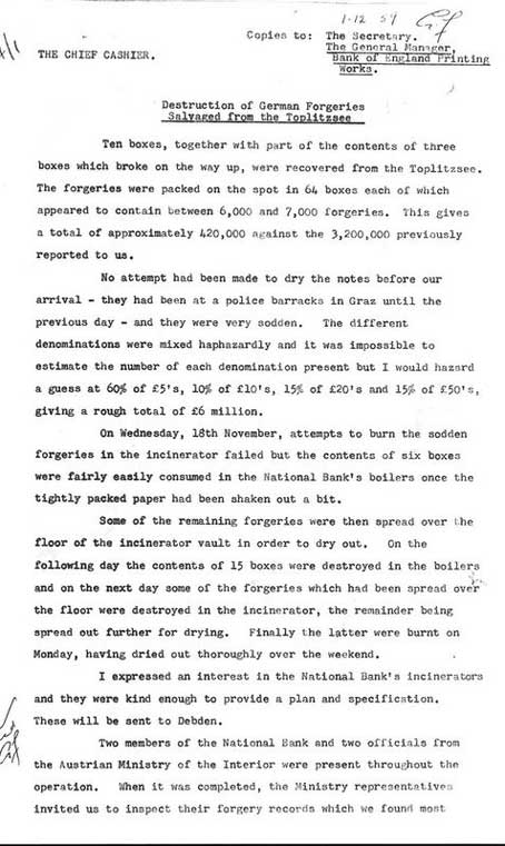 Memo to Chief Cashier (1/12/59) Notes Burned after Stern Dive.
