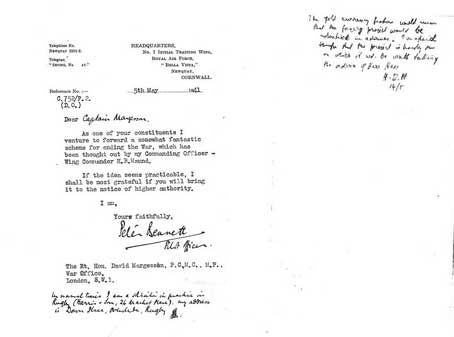 Letter to Capt. Margesson, MP, 5th May 1941 from a Pilot Officer Proposing 