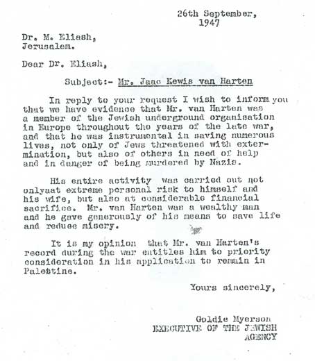 Letters defending van Harten by Golda Meir (Goldie Myerson)
